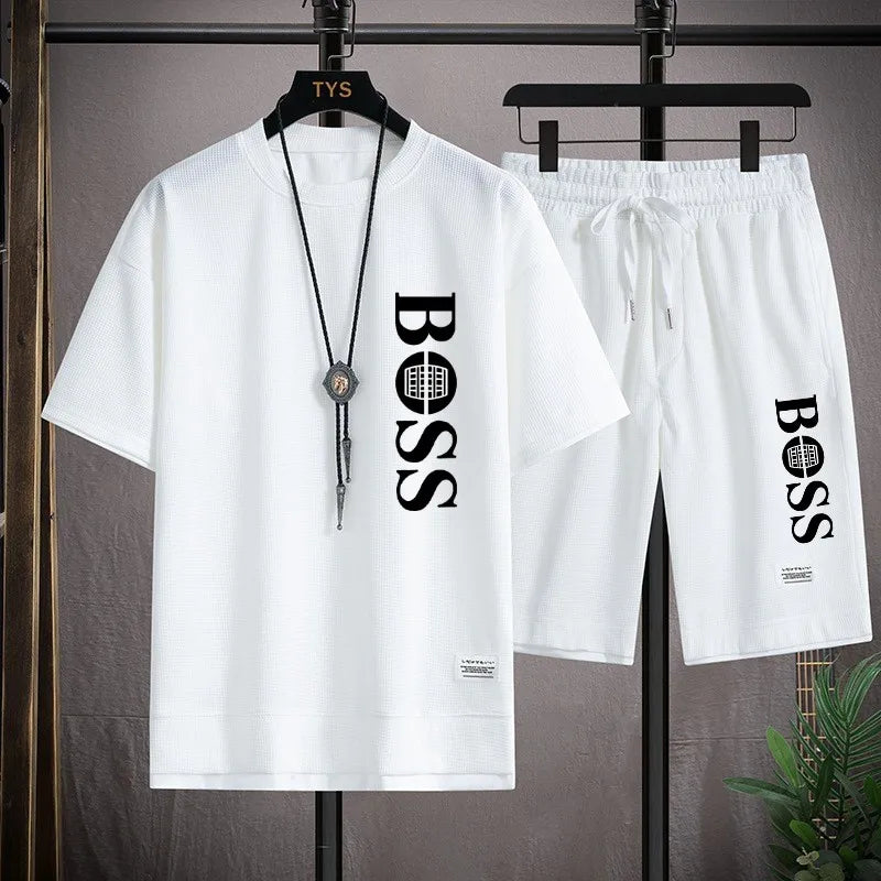 Men's Casual Waffle Top & Shorts Set
