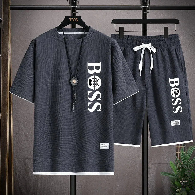 Men's Casual Waffle Top & Shorts Set