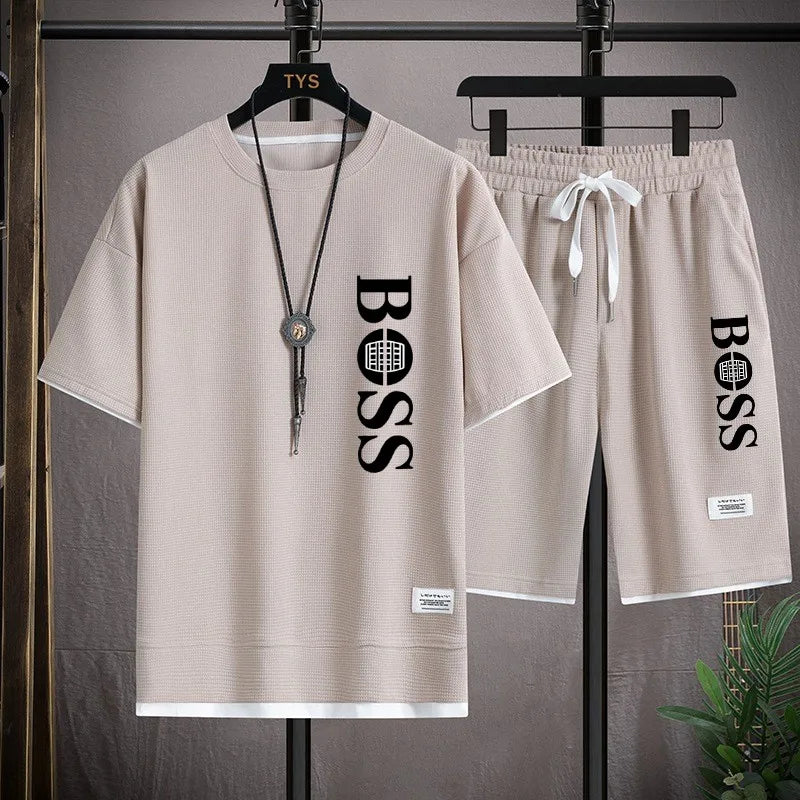 Men's Casual Waffle Top & Shorts Set